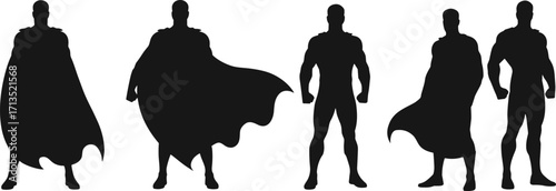 Strong superhero silhouettes in heroic standing poses, powerful male characters with capes, comic book style vector illustration, fantasy action concept design