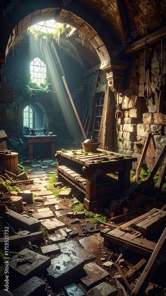 Obraz premium Abandoned Workshop with Dappled Light and Overgrown Vegetation