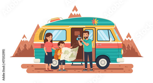 Adobe illustrator artwork vector illustration. A family with a camper van, a girl holding a map, and a dad taking photos, are on an adventurous trip near a volcano. Travel, vector