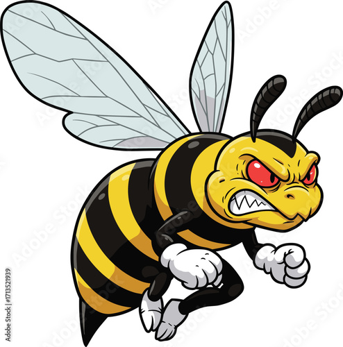 Angry wasp cartoon illustration with red eyes, flying hornet mascot, aggressive bee vector, insect logo design, dangerous stinger attack artwork