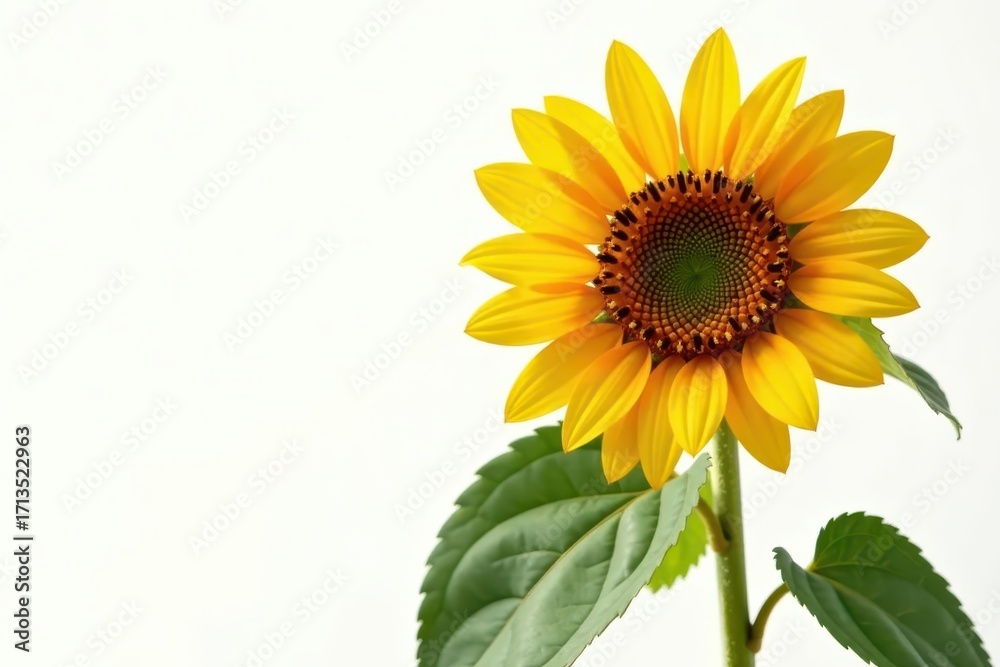 Naklejka premium Large sunflower facing viewer, crisp detail, pure white background, botany, full