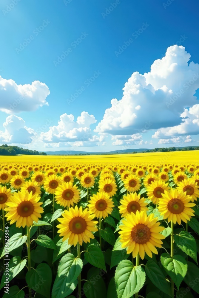 Fototapeta premium Vast sunflower field, blue sky with fluffy clouds, rural, vibrant