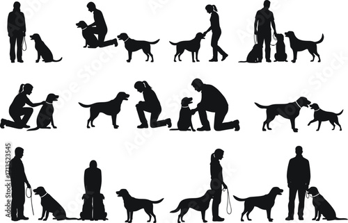 Dog training and walking silhouettes, people with pets vector illustration, obedience, companionship, outdoor activity, animal care, pet lifestyle, and exercise concept