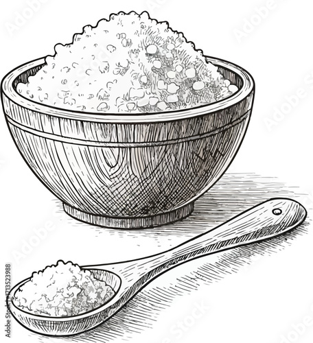 Wooden Bowl and Spoon Filled with Coarse Salt Keywords: salt, coarse salt, sea salt, rock salt