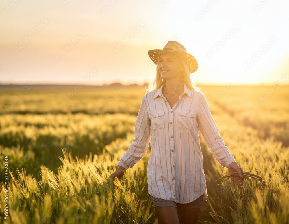 Obraz premium Woman Walking Through Wheat Field at Sunset with Joyful Expression