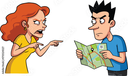 Cartoon couple arguing over map, man confused reading directions, woman angry pointing finger, travel conflict, navigation problem, relationship communication issue