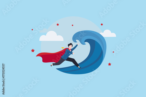 Superhero businessman riding a giant wave overcoming challenges with determination and courage