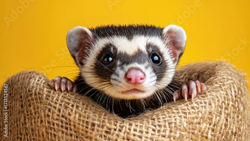 A ferret peers out from a burlap sack, its paws resting on the edge, against a solid yellow background. AI.