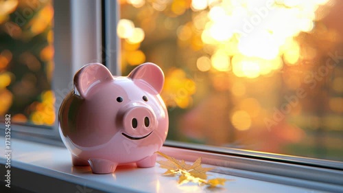 Pink piggy bank is on a windowsill next to a yellow leaf, with an out-of-focus autumn background. AI.