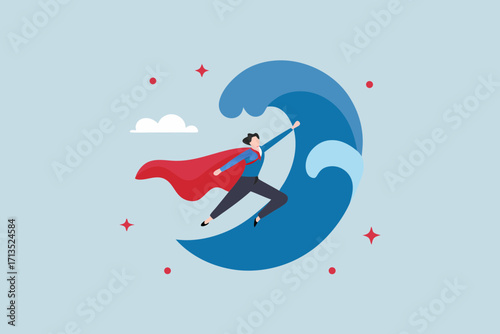 Superhero business person in red cape surfing a giant blue wave symbolizing success and overcoming challenges