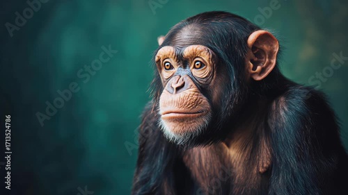 A chimpanzee with brown eyes, dark fur, and wrinkled skin stares off to the side against a green background. AI.