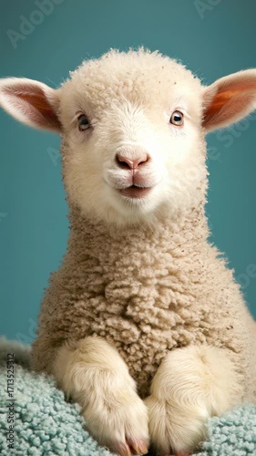 Cute lamb with white wool sits on a fluffy blue blanket. The background is a solid blue. AI.