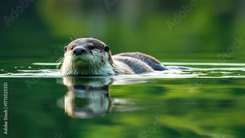 Otter swimming in water, its reflection is visible. Green foliage is blurred in the background. AI.