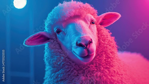 A sheep is illuminated with pink and blue light against a blue background. AI.