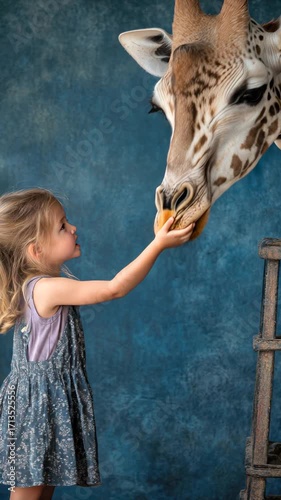 A girl touches a giraffe's nose. The giraffe is next to a wooden structure, against a blue background. AI.