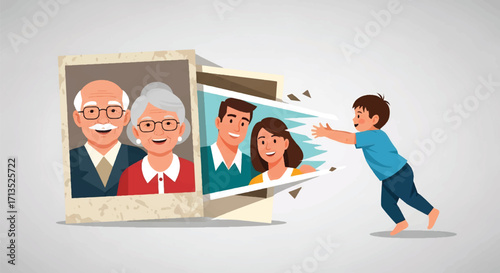 Adobe illustrator artwork vector illustration. A joyful boy reaches out to two fading family photos, one of grandparents and one of parents, symbolizing memories or connection