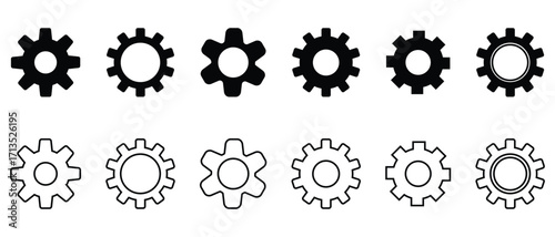 Cogwheel icon set. Gear icon set. Gear Settings symbol, Settings Icon Pack. Outline cogwheel mechanism symbol. Functions symbol. Vector illustration.