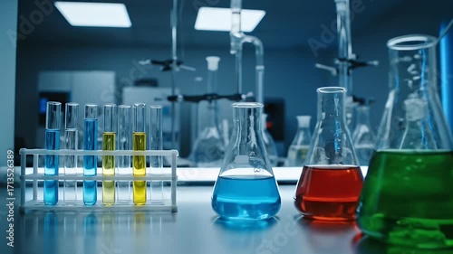 Laboratory equipment with colorful liquids in beakers and test tubes on a reflective surface