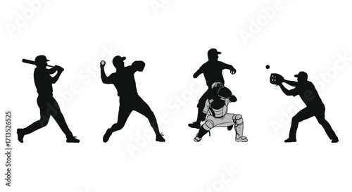 Dynamic baseball player silhouettes capturing game action and athlete poses vector