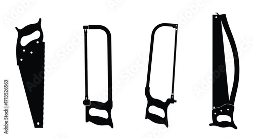 Four vintage hand saw blades and handles silhouette set for crafting and diy projects vector