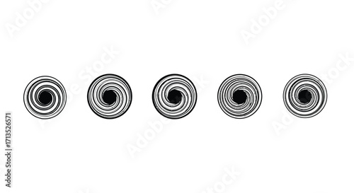 Five textured circular swirl patterns indicating motion or energy against a white backdrop vector