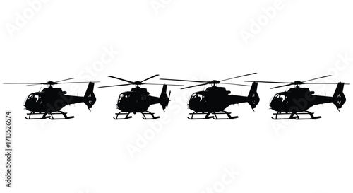 Four silhouetted helicopters flying in formation across a bright sky vector
