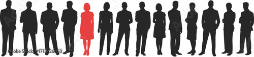 Business people silhouettes standing in row, team leadership, diversity concept, individuality highlighted woman, corporate teamwork, company staff, human resources management