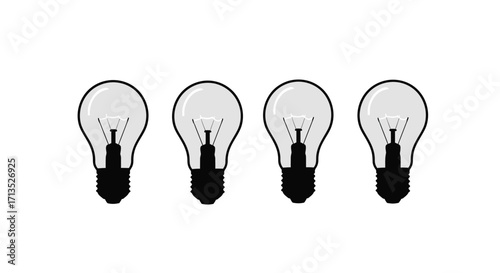 Four incandescent light bulbs lined up together showing filament detail isolated vector