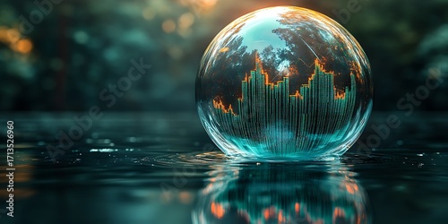 Reflective glass sphere containing dynamic financial data bars, resting gently in calm water, symbolizing market trends, global economy, and the future outlook amidst natural serenity