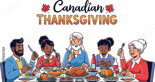 Diverse family celebrating canadian thanksgiving with a festive dinner joyful gathering with traditional dishes and maple leaf decorations
