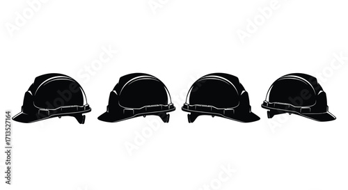 Four glossy black construction hard hats lined up in a row against a clean white surface. vector