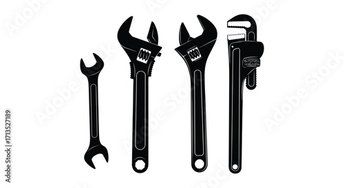 Set of four black wrenches and pipe wrench isolated tools for plumbing and construction vector