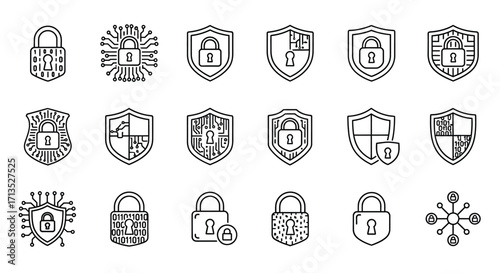 Collection of diverse security and protection icons featuring locks and shields for digital safety vector