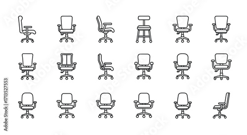 Collection of office swivel chairs in various styles and angles for modern workspace design vector