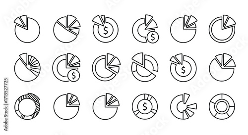 Hand drawn pie chart icons representing financial data and business analysis concepts vector