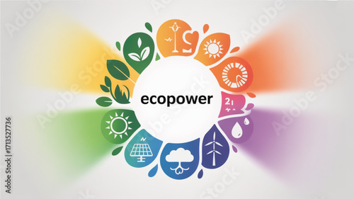 Ecopower logo with leaves, sun, solar panel, cloud, and wind turbine icons arranged in a circle
