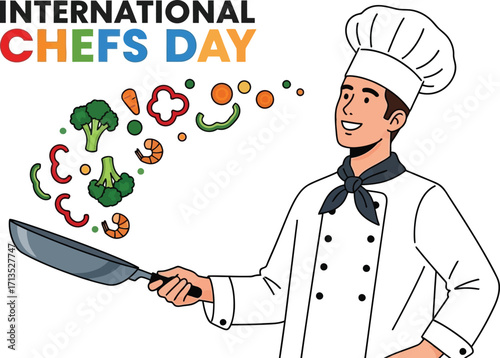 Celebrating international chefs day with a smiling chef tossing vegetables in a pan culinary arts and gastronomy