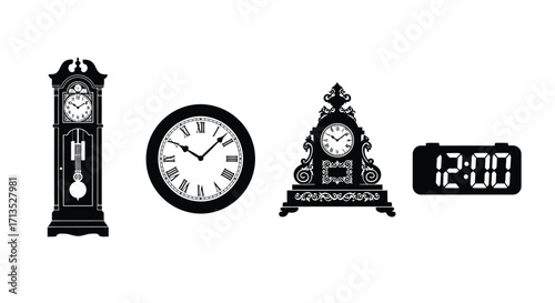 Collection of diverse timepieces showing different eras and styles of clocks vector
