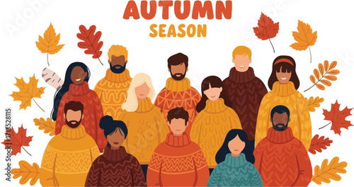 Diverse group of people wearing autumn sweaters, celebrating beauty of fall season
