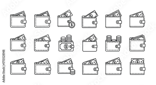 Collection of hand drawn wallet icons with cash and coins representing finance and wealth vector