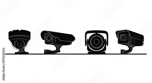 Four silhouette security cameras arranged on a flat surface for surveillance and monitoring vector