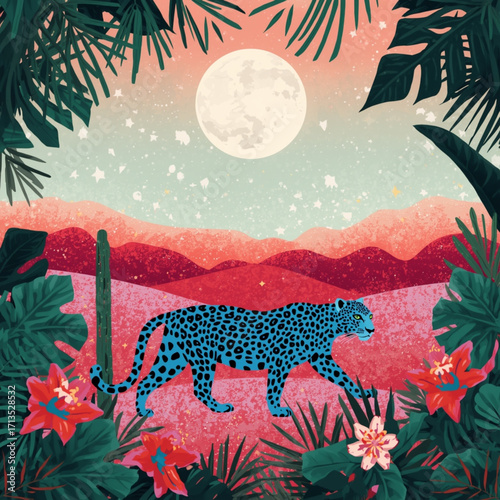Mystical blue leopard roaming through a lush tropical jungle at dusk