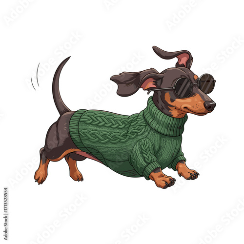 dachshund, cute dog, sausage dog, wiener dog, cartoon dachshund, running dog, playful dog, funny dog, dog in sweater, green sweater dog, stylish dog, cool dog, sunglasses dog, fashionable pet, adorabl