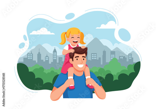 Adobe illustrator artwork vector illustration. A joyful father giving his girl a piggyback ride, celebrating their special bond amidst a serene park and distant city skyline.