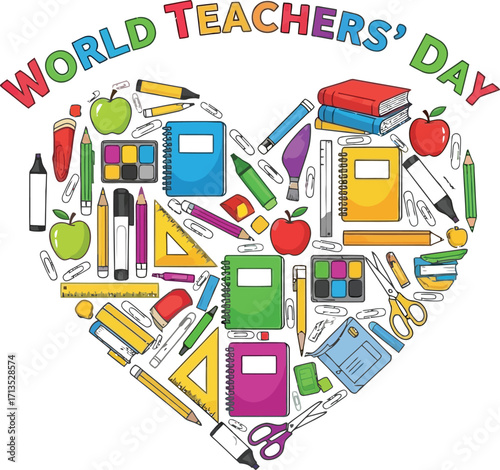Celebrate world teachers day with colorful school supplies arranged in a heart shape