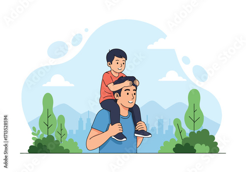 Adobe illustrator artwork vector illustration. A joyful father giving his son a piggyback ride, celebrating their special bond amidst a serene park and distant city skyline.