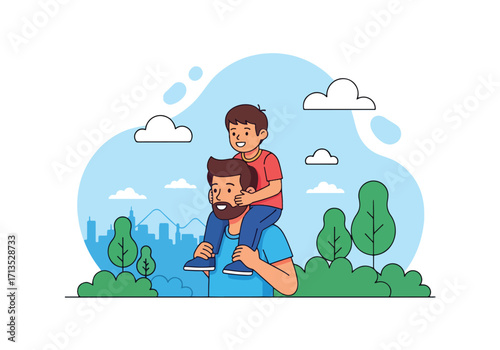 Adobe illustrator artwork vector illustration. A joyful father giving his son a piggyback ride, celebrating their special bond amidst a serene park and distant city skyline.