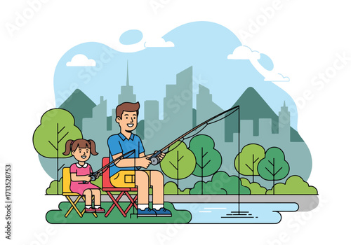 Adobe illustrator artwork vector illustration. A father and daughter calmly fishing by a pond, enjoying a peaceful outdoor activity with a cityscape and mountains in the background
