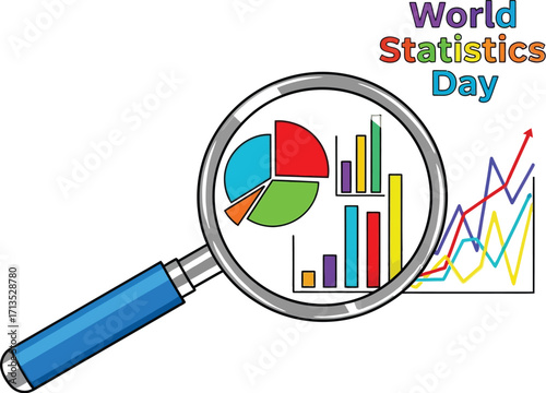 Magnifying glass focusing colorful charts and graphs for world statistics day