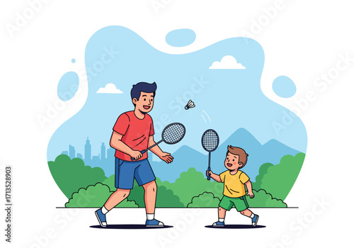 Adobe illustrator artwork vector illustration. A father and son happily playing badminton outdoors, sharing an active and fun family moment with a scenic city and mountain backdrop
